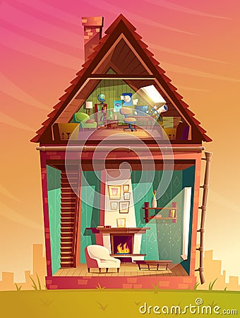 Vector house interior in section, cartoon architecture background Vector Illustration