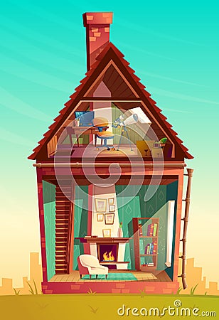 Vector house interior in section, observatory with telescope Vector Illustration