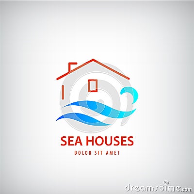 Vector house logo with blue wave. Rent near sea. holidays, beach sign. Vector Illustration