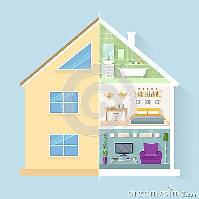 Vector house model in a cut. View from inside and outside Vector Illustration