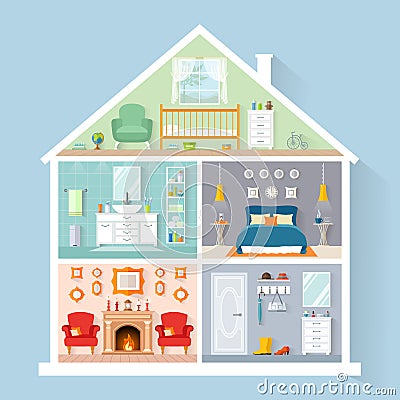 Vector house model. Rooms with furniture. Detailed interior in flat style Vector Illustration