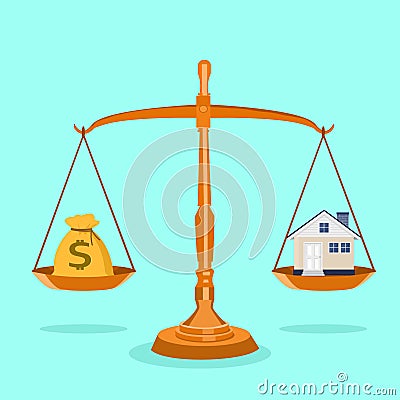 house and money in balanced scales Real Estate.Rental. .Expenses.Liabilities Vector Illustration