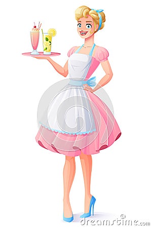 Vector housewife with apron holding tray with milkshake and lemonade. Vector Illustration