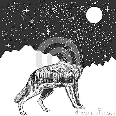 Vector howling wolf and night sky tattoo t-shirt print design Vector Illustration