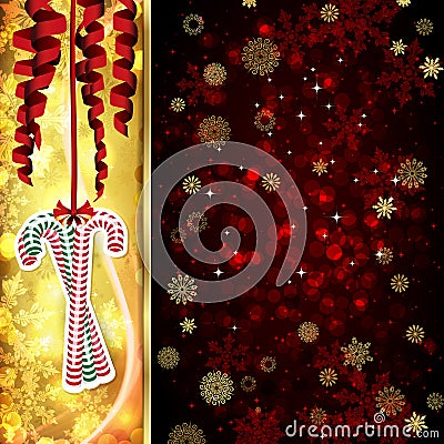 Ð¡hristmas card with Ð¡hristmas decor, serpentine, snowflakes, confetti on golden and red background Vector Illustration