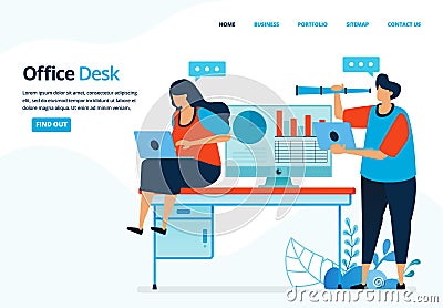 Vector human illustration of office desk. People are working in an office or coworking space. Can use for landing page, template, Vector Illustration
