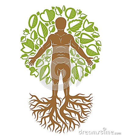 Vector human, individuality created with tree roots and surrounded by eco green leaves. Family tree, tree of life conceptual Vector Illustration