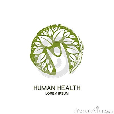 Vector human logo icon design. Man and green tree, watercolor circle emblem. Healthcare, ecology, environment concept. Vector Illustration