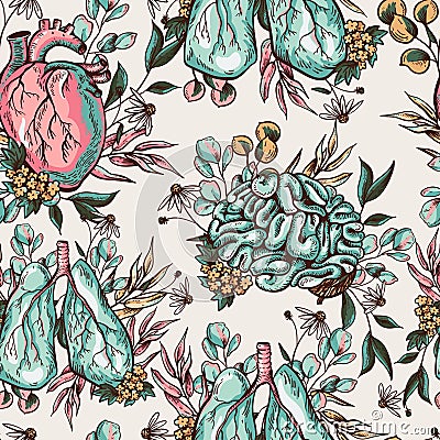 Vector human lungs, heart, brain with flowers seamless pattern Vector Illustration