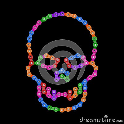 Vector Human Skull Made of Bike or Bicycle Chain. Vector Cranium or Death`s Head Symbol. Multicolored Chain Skull Vector Illustration