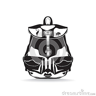 Vector hunter backpack flat black and white illustration Vector Illustration