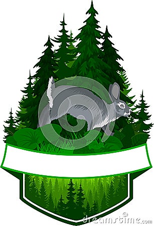 Vector hunting woodland emblem with grey rabbit Vector Illustration