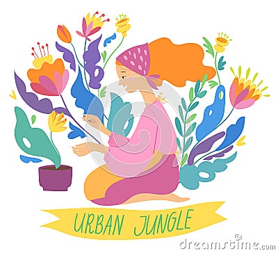 Vector illustration in urban jungle style with woman and home plants Vector Illustration