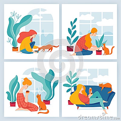 Set of four vector illustrations with girl and cat having time together. Vector Illustration