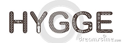 Vector Hygge lettering. Text with doodle ornament in Scandinavian style. Vector Illustration