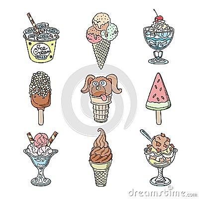 Vector ice cream dessert sweet food sketch handdrawn illustration set Vector Illustration