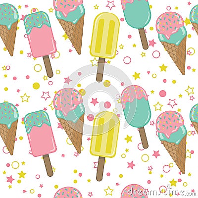 Vector Ice cream repeat seamless pattern with circles and stars. Pastel colors Stock Photo