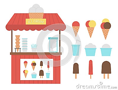 Vector ice cream stall with menu. Flat ice-cream stand illustration. Flat beach dessert shop. Vector Illustration