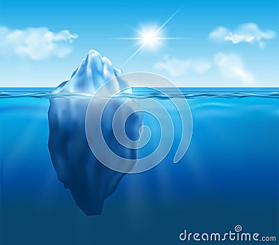 Vector iceberg floating in blue ocean with sun and clouds in the Vector Illustration