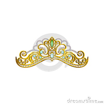 Vector icon of beautiful princess tiara decorated with blue and green gemstones. Shiny golden crown. Accessory of queen Vector Illustration