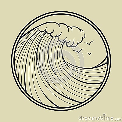 Ocean wave outline with circle frame. Vector Illustration