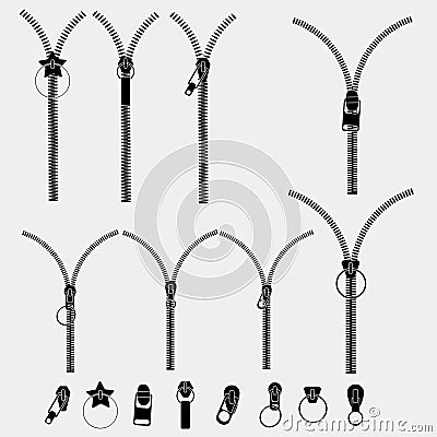 Vector icon closed and open metal zippers set. Vector Vector Illustration