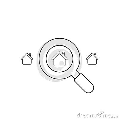 Vector icon concept of look for house with magnifying glass. Black outline Vector Illustration