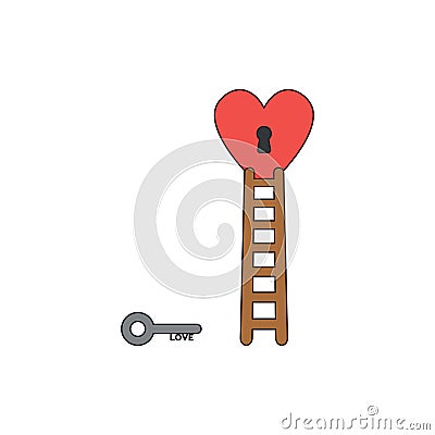 Vector icon concept of love key reach keyhole in heart with wooden ladder. Black outlines and colored Vector Illustration