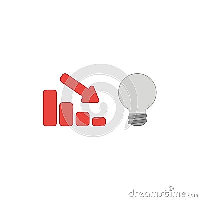 Vector icon concept of sales bar chart with arrow pointing down and light bulb symbolizes bad idea Vector Illustration