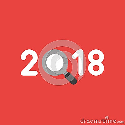Vector icon concept of year of 2018 with magnifying glass on red Vector Illustration