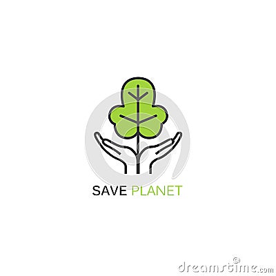 Vector icon design template in linear style - green tree growing from hands. Vector Illustration