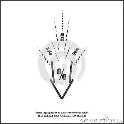 Vector icon of falling prices. Discounts. Sale in the store. The collapse of the price. The percent sign. The pointing down on Vector Illustration