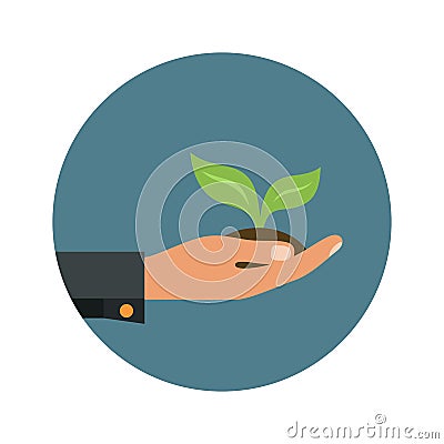 Vector icon of green sprout in a hand. Sign of environmental protection. Vector Illustration