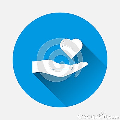 Vector icon hand holding heart on blue background. Flat image Vector Illustration