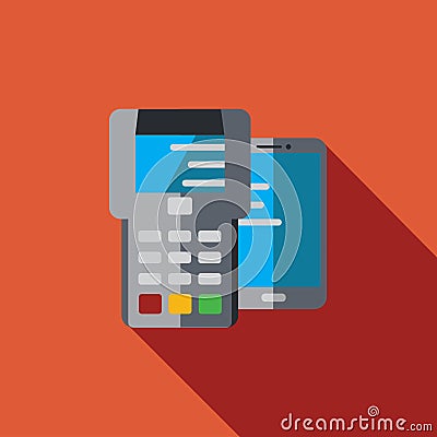 Vector icon or illustration with pay terminal and smart phone in flat design style Vector Illustration