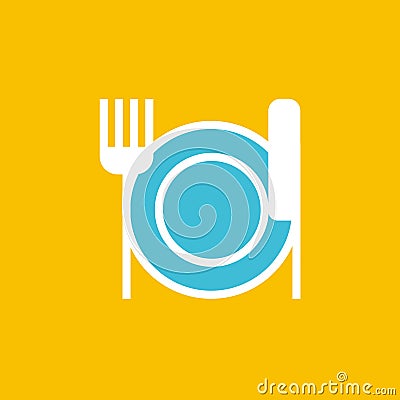 Vector icon or illustration showing plate, knife and fork in outline style Vector Illustration