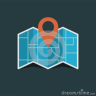 Vector icon. Map of the world. Point on the . Pin and the distance, GPS navigator . Flat style Stock Photo