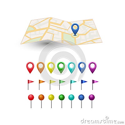 Vector icon. Map of the world. Point on the . Pin and the distance, GPS navigator . Flat style Vector Illustration