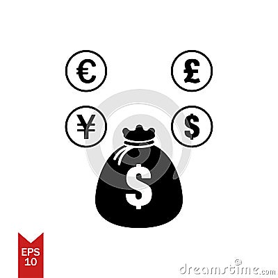 Vector icon of money bag with shadow dollar sign black color EPS 10 full of money bag coins of dollar pound euro uang Vector Illustration