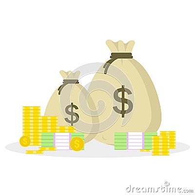 Vector icon of money bags with shadow dollar sign full of money bags dollar grey color succes bussines excellent profit golden Stock Photo