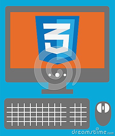 Vector icon of personal computer with css3 sign on the screen, i Cartoon Illustration
