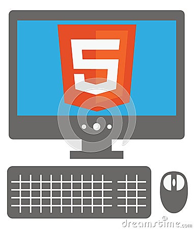 Vector icon of personal computer with html5 sign on the screen, Cartoon Illustration