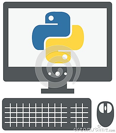 vector icon of personal computer with python sign on the screen, isolated grey simple flat illustration on white background Cartoon Illustration