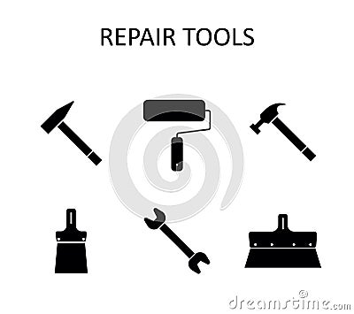 Vector icon with repair tools: hummer, wrench, paint roller, putty knife, nail puller Vector Illustration