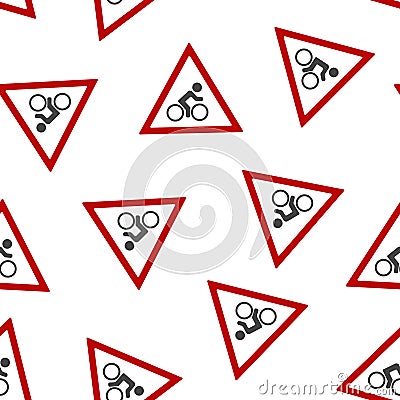 Vector icon road sign cyclist in red triangle. Sign caution cyclist seamless pattern on a white background Vector Illustration