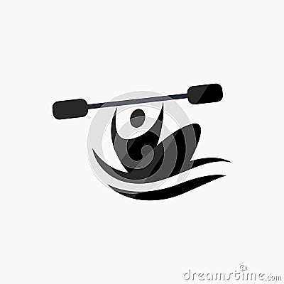 Vector icon of a rower sitting in a boat. Illustration of a rower holding an oar above his head. Rowing flat icon, pictogram. Stock Photo