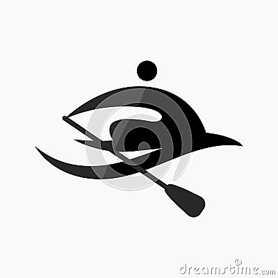 Vector icon of a rower sitting in a boat. Illustration of a rower holding an oar above his head. Rowing flat icon, pictogram. Vector Illustration