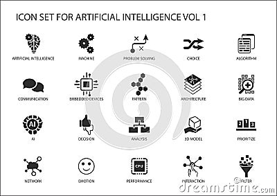 Vector icon set for artificial intelligence (AI) concept. Various symbols for the topic using flat design Vector Illustration