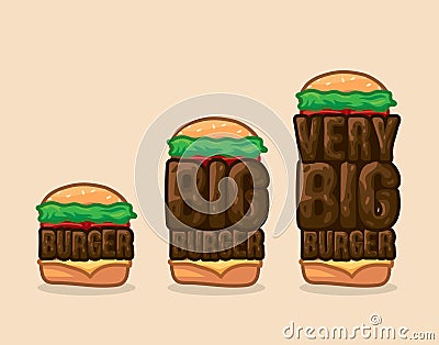 Vector icon set burgers small, big and very big. Traditional burger Vector Illustration