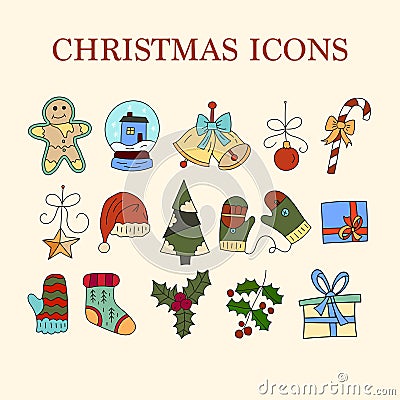 Vector icon set with color doodle symbols of Christmas icons. Vector Illustration